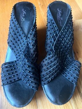 Lucky Brand Black Beaded Crisscross Slide Mules